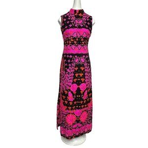 Miss Hawaii Kamehameha Maxi Dress 10 Mandarin Collar Tribal Print Vintage 60s